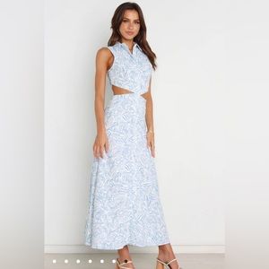 Petal & Pup blue and white maxi dress with cut out details